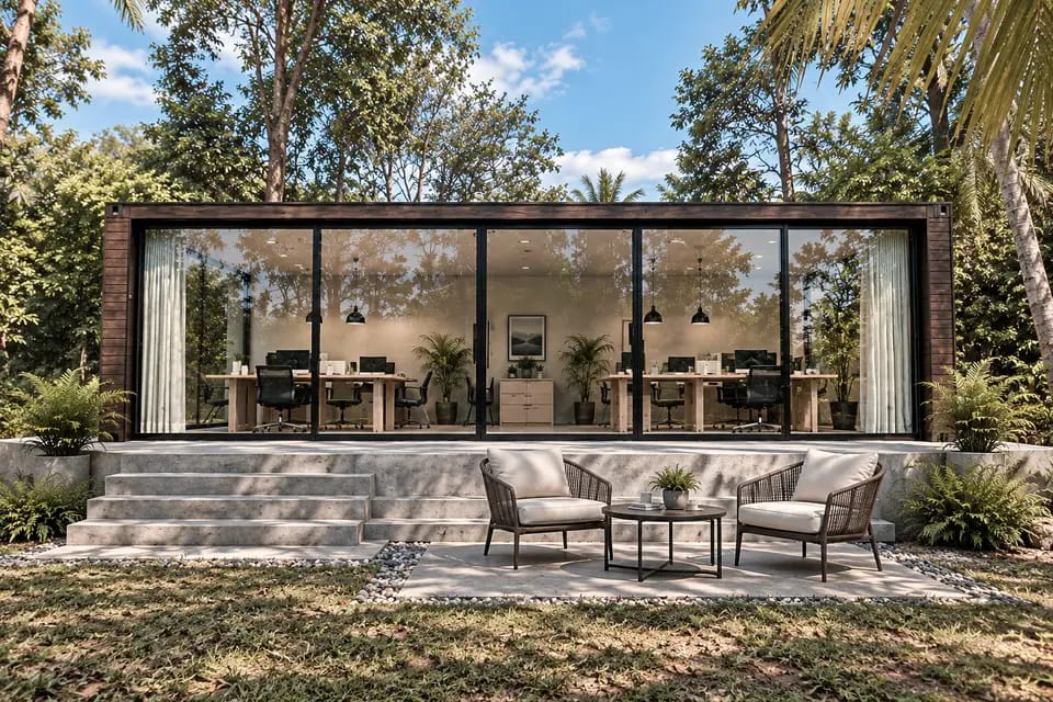Garden office pod with a full glass front, seating on a stone terrace